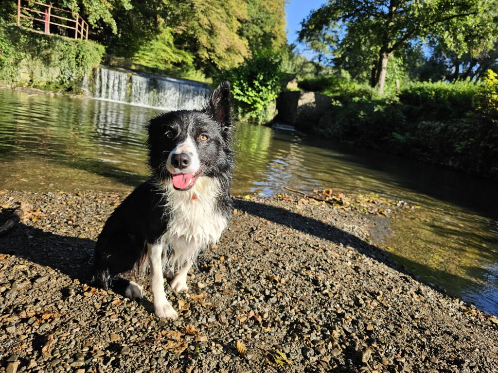 Kaïa in front of the waterfall